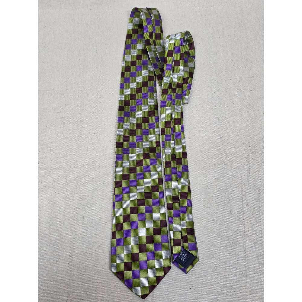 Paul Fredrick Mens Silk Tie Green Purple Burgundy Checkered Geometric Handmade